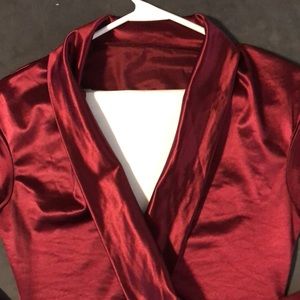 Wine Coloured Stretch Satin Mini Dress Form Fitting 3/4 length sleeves